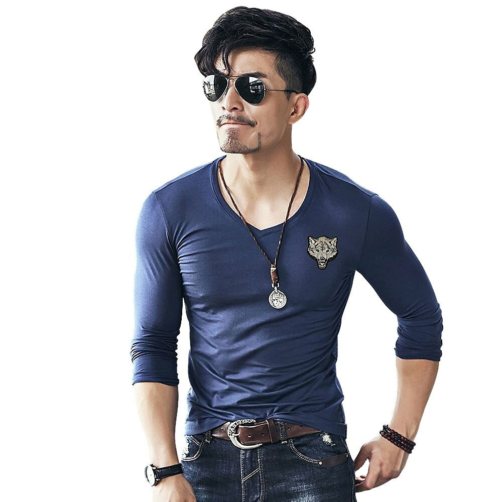 Slim Cotton T-Shirt for Men / V Neck Long Sleeve T-Shirt with Embroidery Wolf