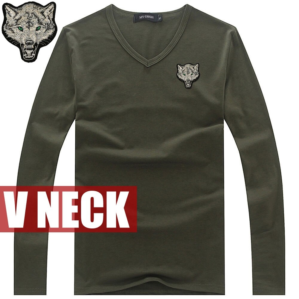 Slim Cotton T-Shirt for Men / V Neck Long Sleeve T-Shirt with Embroidery Wolf