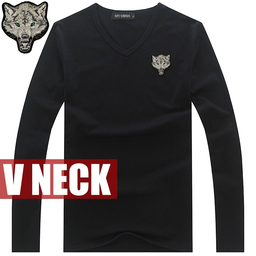 Slim Cotton T-Shirt for Men / V Neck Long Sleeve T-Shirt with Embroidery Wolf