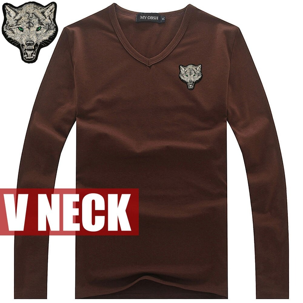 Slim Cotton T-Shirt for Men / V Neck Long Sleeve T-Shirt with Embroidery Wolf
