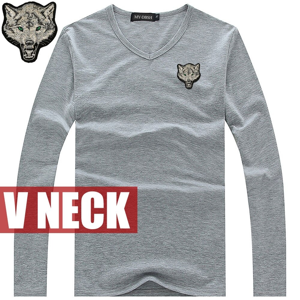 Slim Cotton T-Shirt for Men / V Neck Long Sleeve T-Shirt with Embroidery Wolf