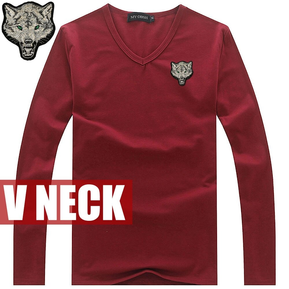 Slim Cotton T-Shirt for Men / V Neck Long Sleeve T-Shirt with Embroidery Wolf