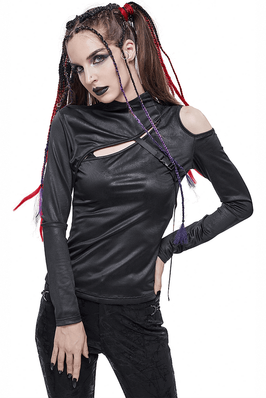 Slim Cutout Top for Women / Gothic Black Buckle Fitted Top / Alternative Clothing
