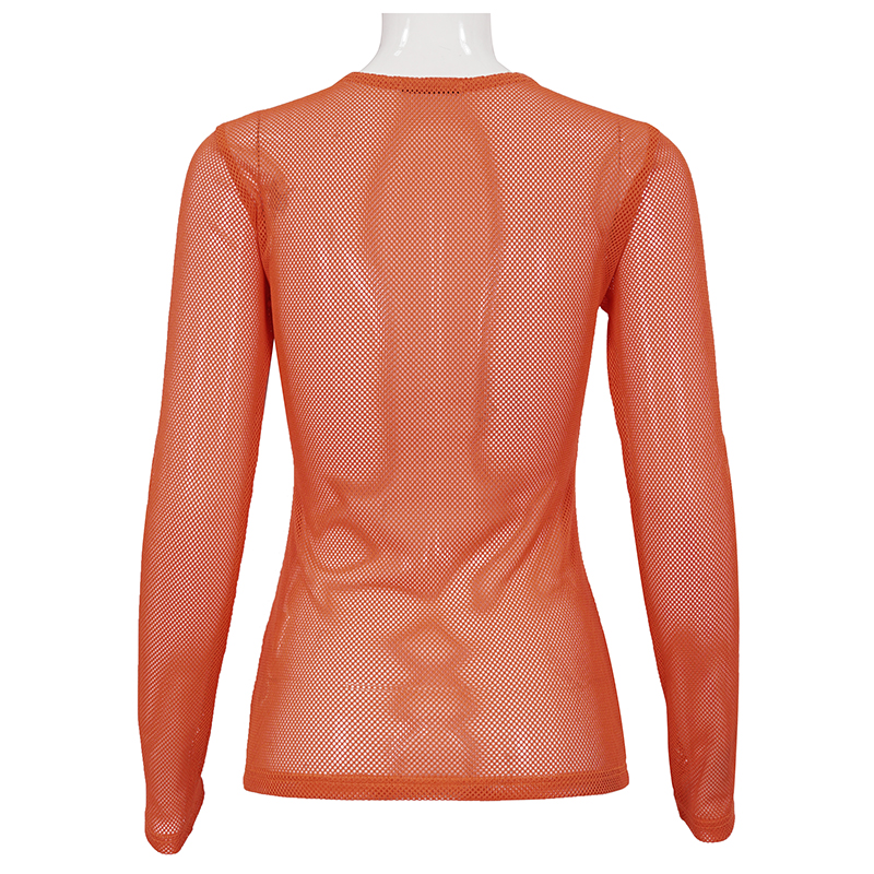 Soft Stretchy Orange Transparent Top for Women / Stylish Fluorescent Long Sleeve Mesh Tops