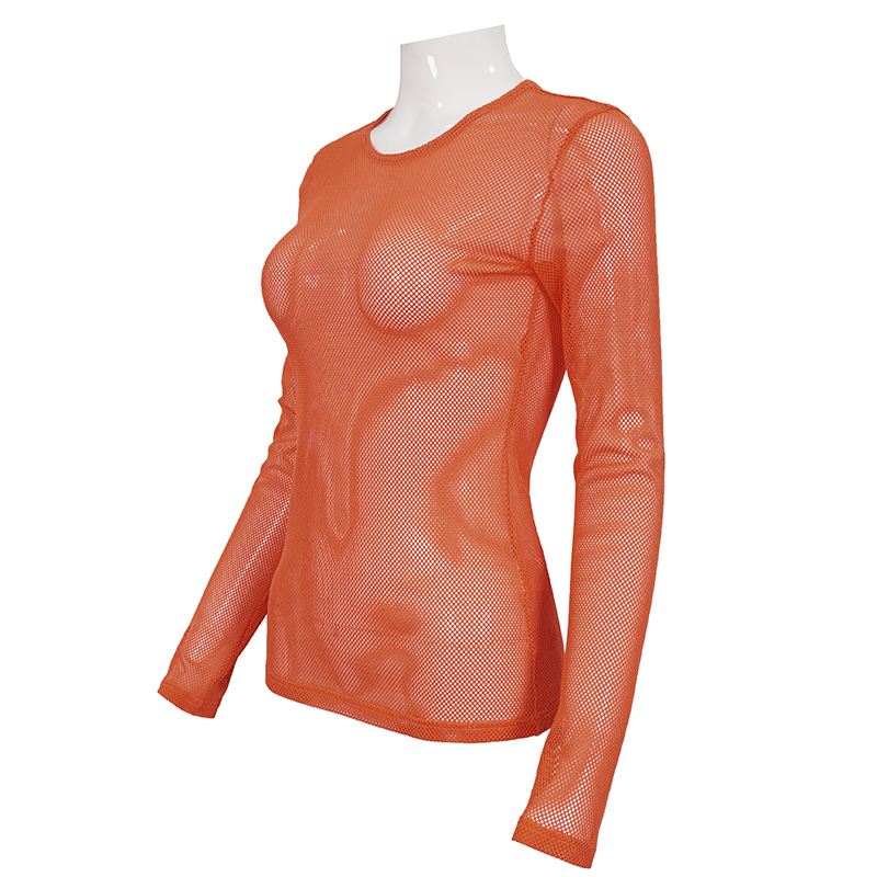 Soft Stretchy Orange Transparent Top for Women / Stylish Fluorescent Long Sleeve Mesh Tops