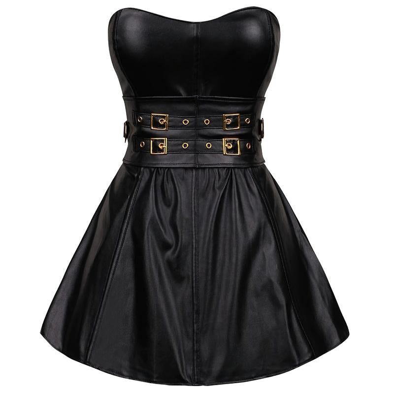 Solid Black Women's Corset Dress / Synthetic Leather Overbust / One Piece Fish Boned Corset