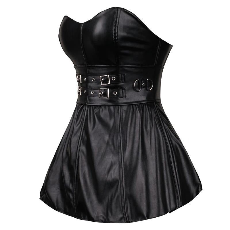 Solid Black Women's Corset Dress / Synthetic Leather Overbust / One Piece Fish Boned Corset