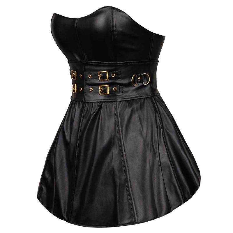 Solid Black Women's Corset Dress / Synthetic Leather Overbust / One Piece Fish Boned Corset