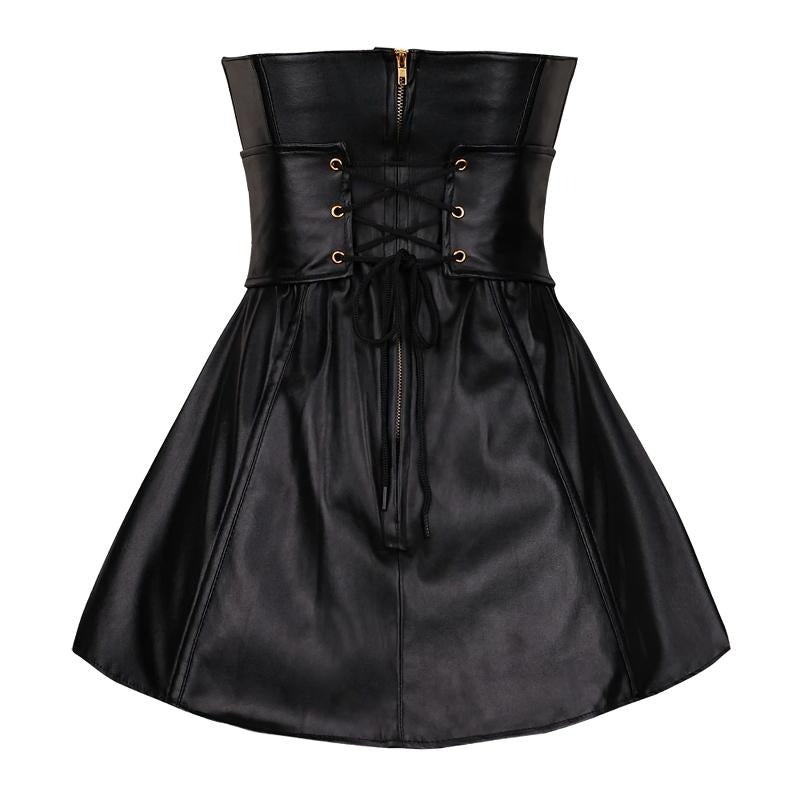 Solid Black Women's Corset Dress / Synthetic Leather Overbust / One Piece Fish Boned Corset