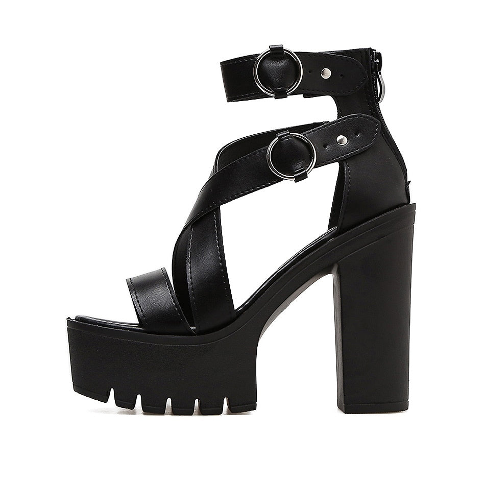 Solid Platform Women Sandals / Gothic High Heels Gladiator Shoes with Buckles