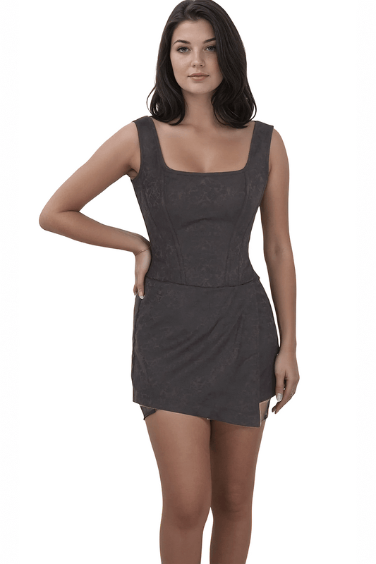 Sonny Brown Brocade Corset Skort Dress with Floral Pattern