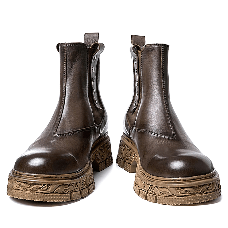 Special Design Men's Soft Leather Pull-On Ankle Boots / Classic Shoes with Carved Bottom