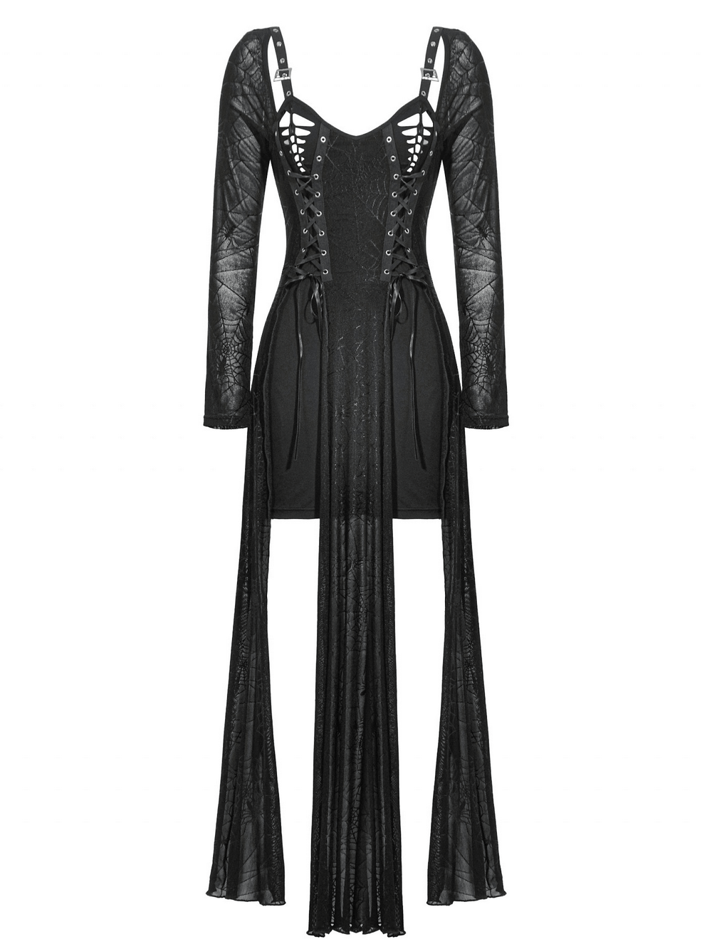 Spiderweb Lace-Up Dress with Sheer Sleeves and Straps