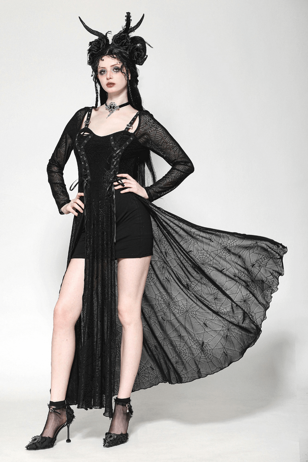 Spiderweb Lace-Up Dress with Sheer Sleeves and Straps