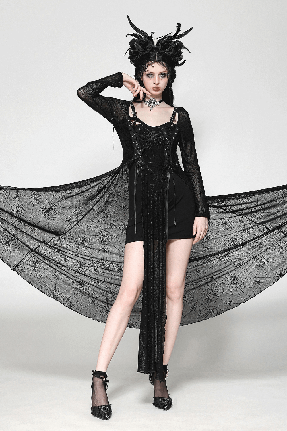 Spiderweb Lace-Up Dress with Sheer Sleeves and Straps