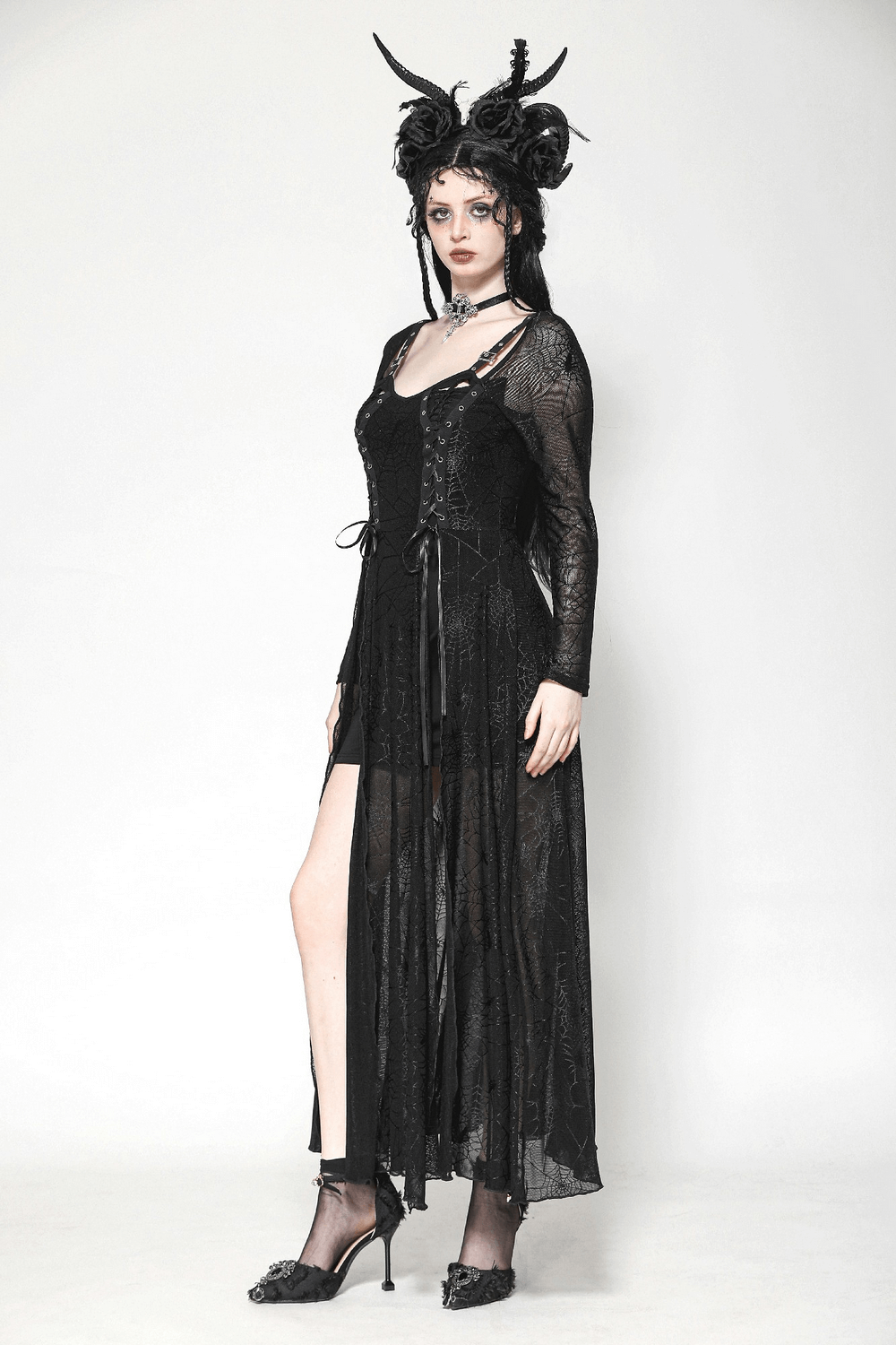 Spiderweb Lace-Up Dress with Sheer Sleeves and Straps