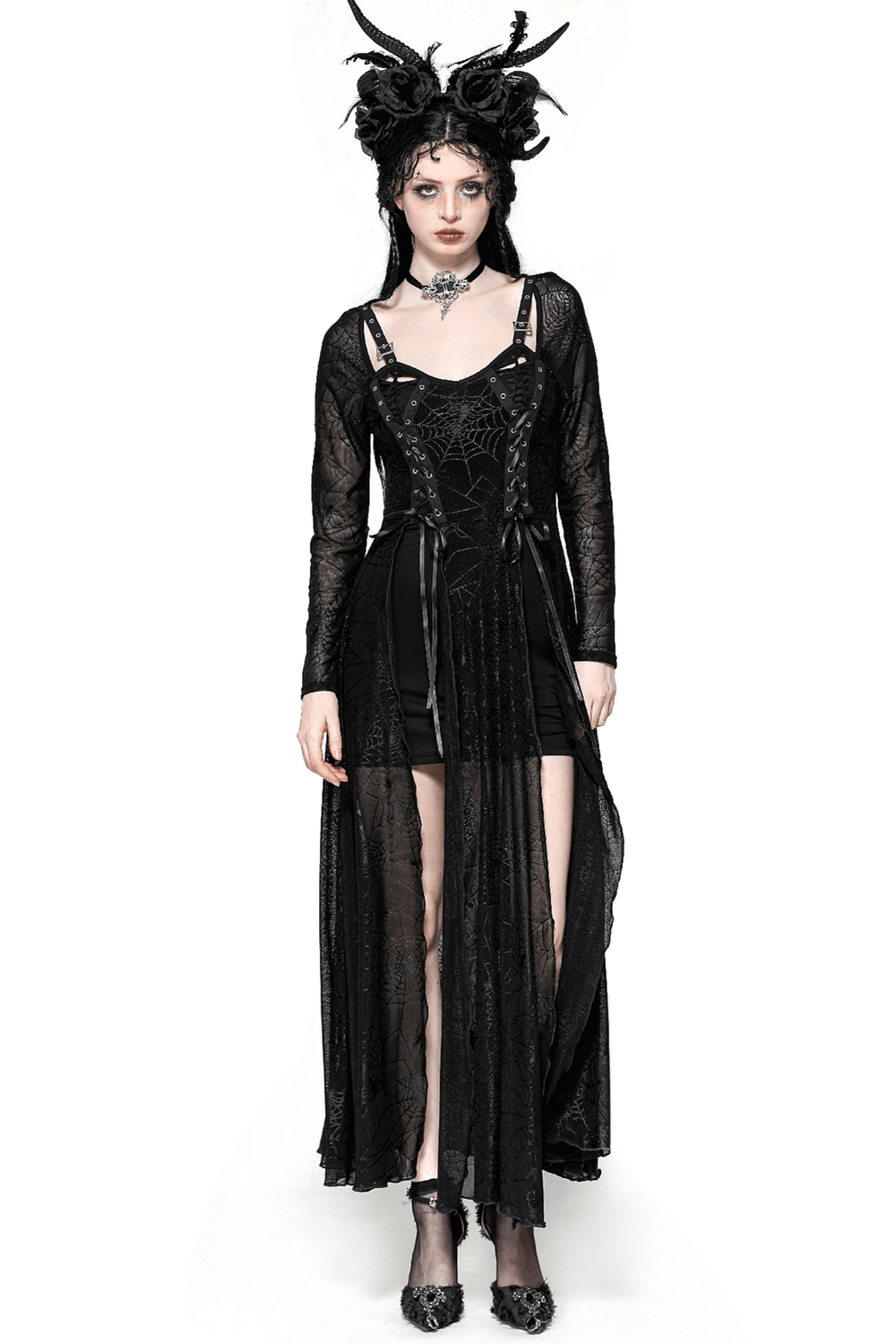 Spiderweb Lace-Up Dress with Sheer Sleeves and Straps