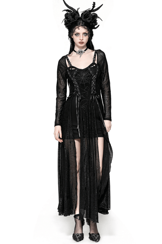 Spiderweb Lace-Up Dress with Sheer Sleeves and Straps