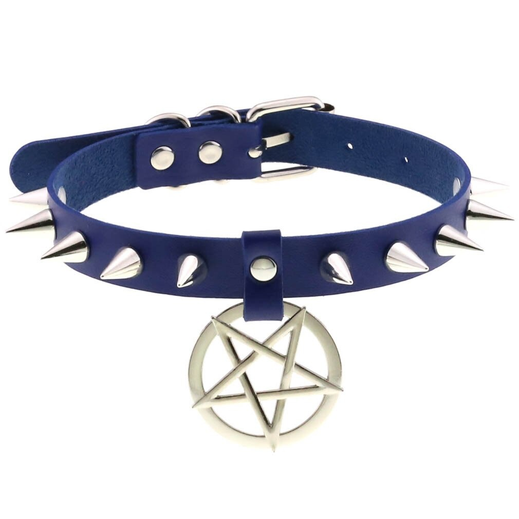 Spikes Leather Choker Necklace with Pentagram / Unisex Accessories in Gothic Style