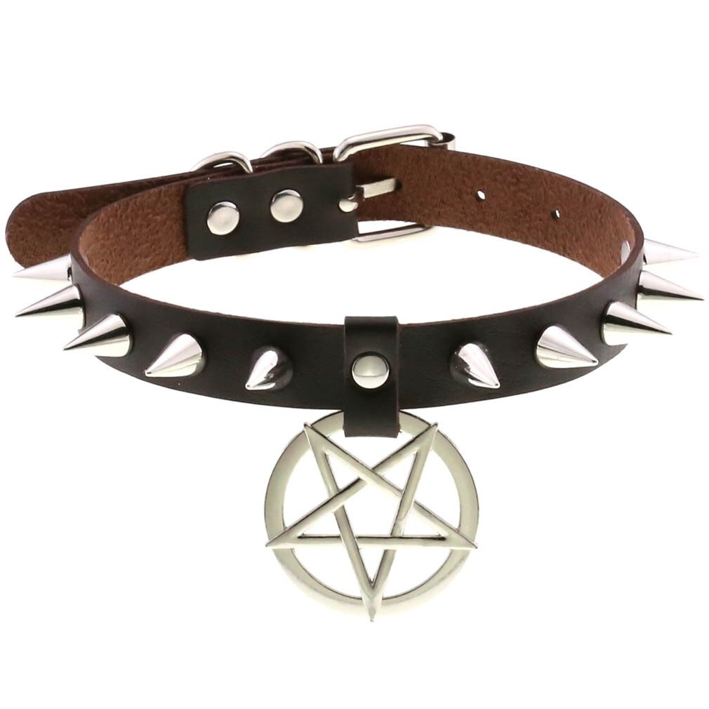 Spikes Leather Choker Necklace with Pentagram / Unisex Accessories in Gothic Style