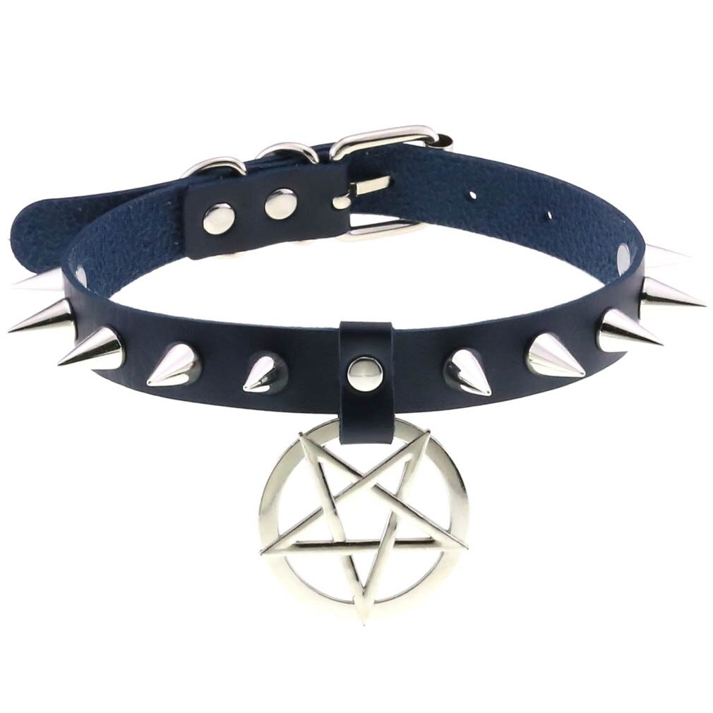 Spikes Leather Choker Necklace with Pentagram / Unisex Accessories in Gothic Style