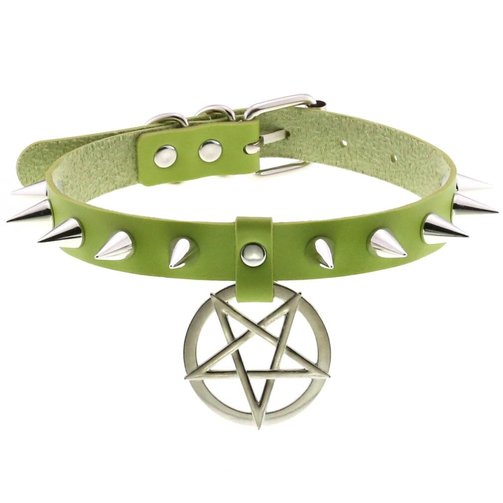 Spikes Leather Choker Necklace with Pentagram / Unisex Accessories in Gothic Style