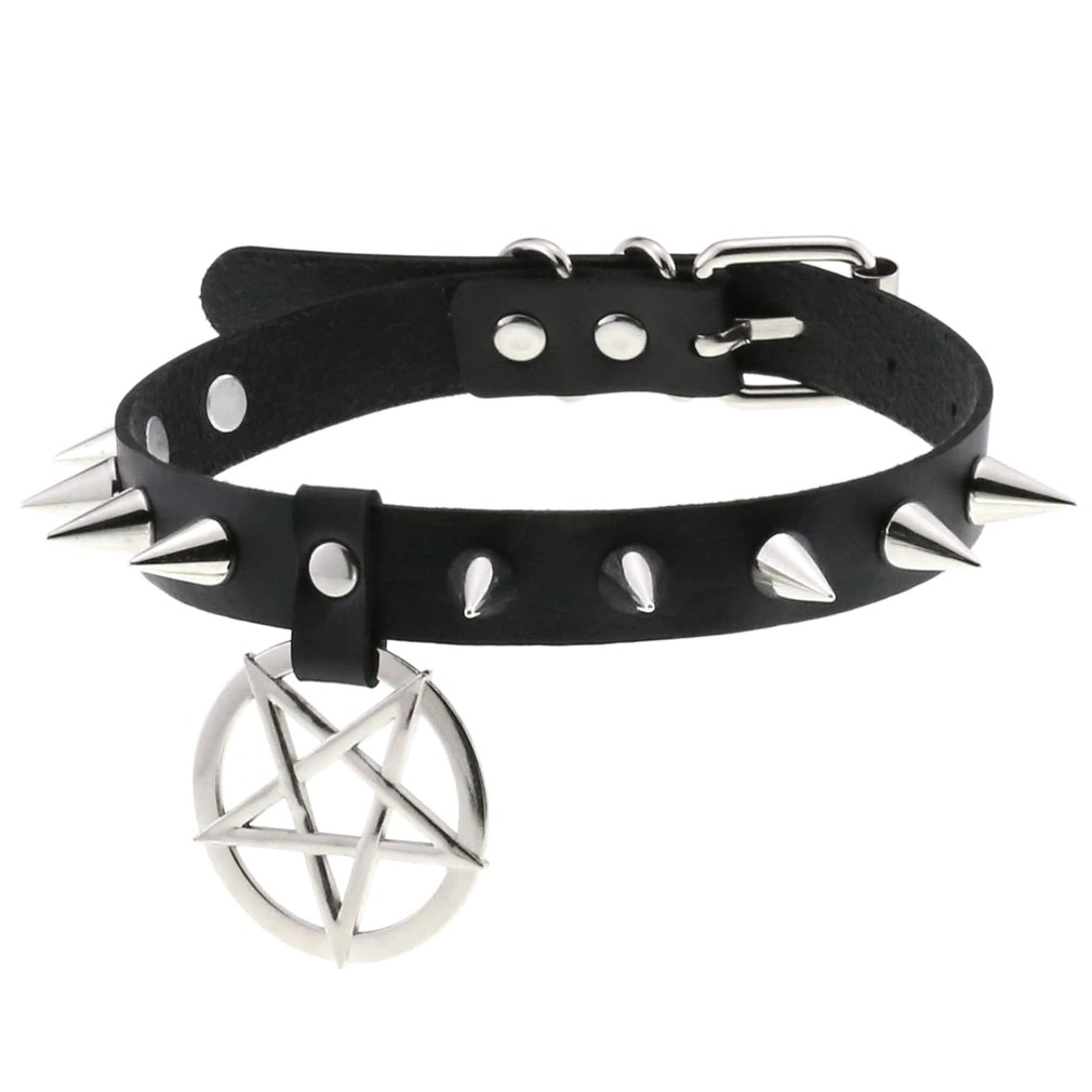 Spikes Leather Choker Necklace with Pentagram / Unisex Accessories in Gothic Style
