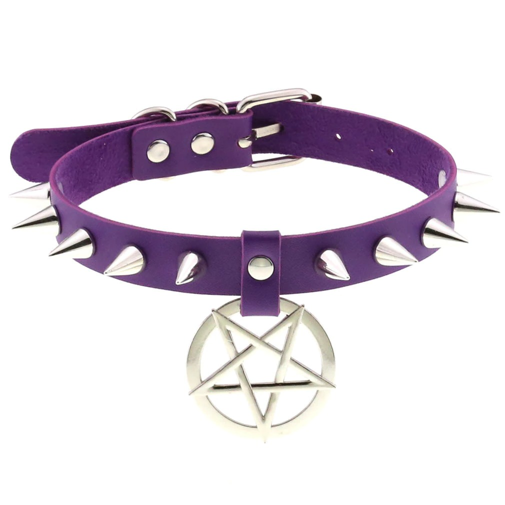 Spikes Leather Choker Necklace with Pentagram / Unisex Accessories in Gothic Style