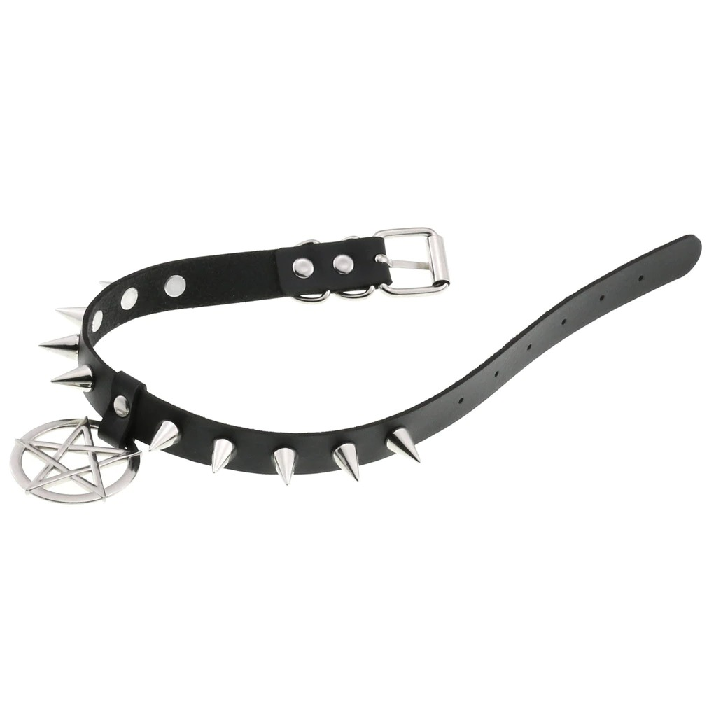 Spikes Leather Choker Necklace with Pentagram / Unisex Accessories in Gothic Style