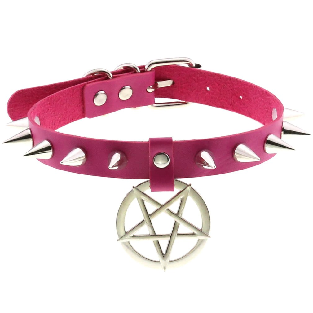 Spikes Leather Choker Necklace with Pentagram / Unisex Accessories in Gothic Style