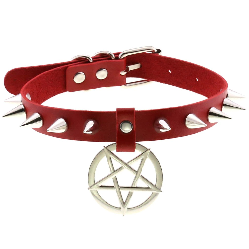 Spikes Leather Choker Necklace with Pentagram / Unisex Accessories in Gothic Style