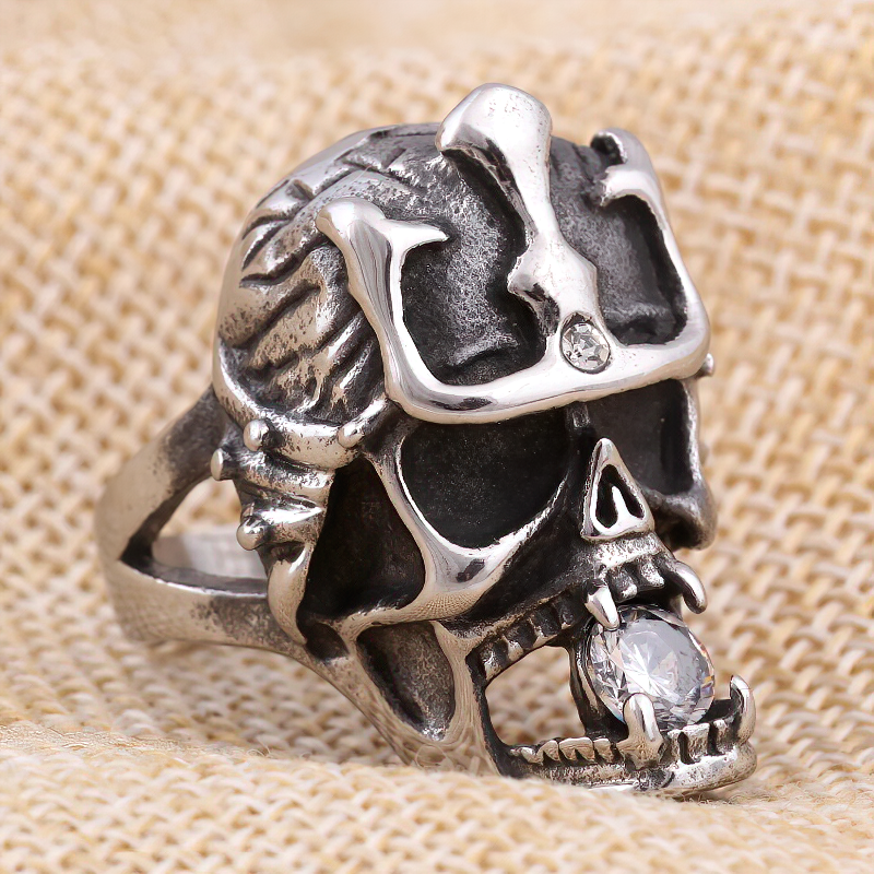 Stainless Steel Anarchy Skull Ring / Gothic Unisex Jewellery With Crystal