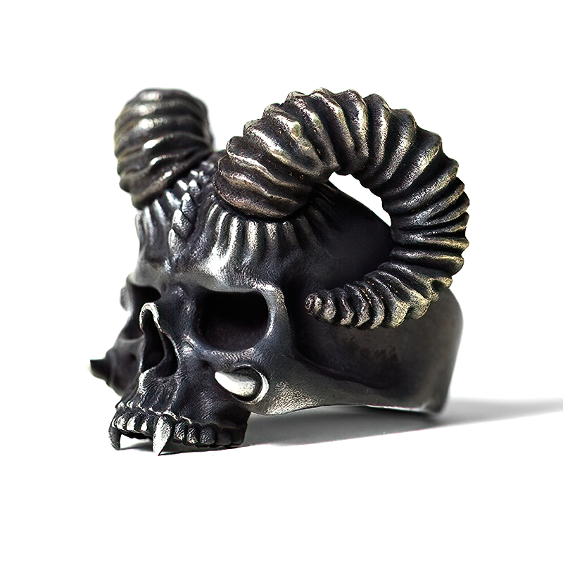 Stainless Steel Horned Devil Skull Ring / Unique Silver Color Skeleton Jewellery