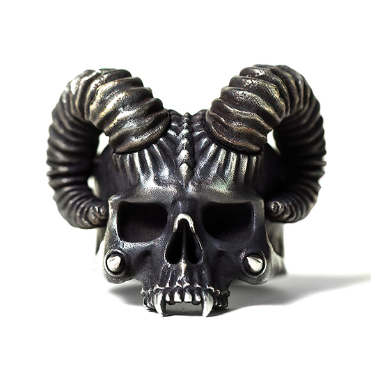 Stainless Steel Horned Devil Skull Ring / Unique Silver Color Skeleton Jewellery