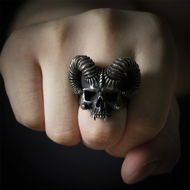 Stainless Steel Horned Devil Skull Ring / Unique Silver Color Skeleton Jewellery