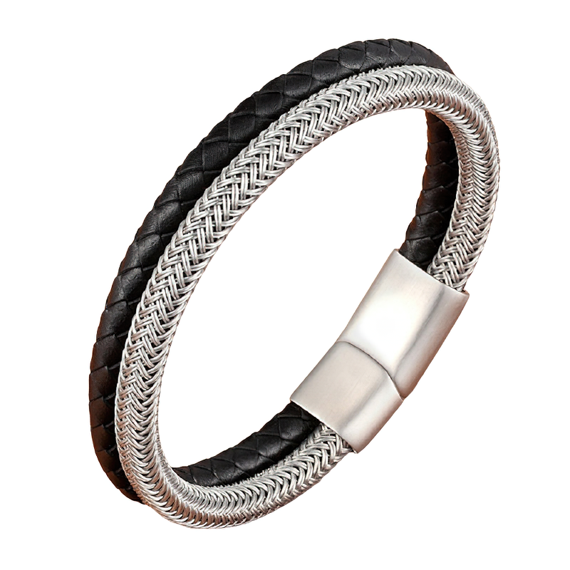 Stainless Steel Magnetic Clasp Bracelet / Cool Genuine Leather Bracelet