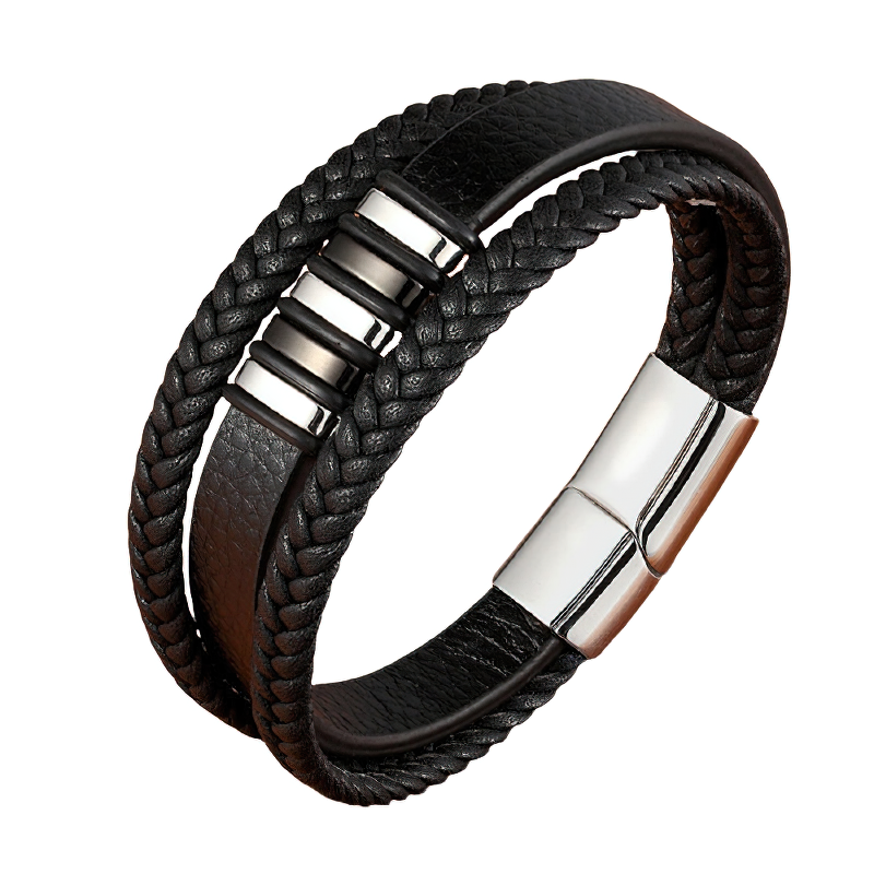 Stainless Steel Magnetic Clasp Bracelet for Men / Rock Style Genuine Leather Bracelet