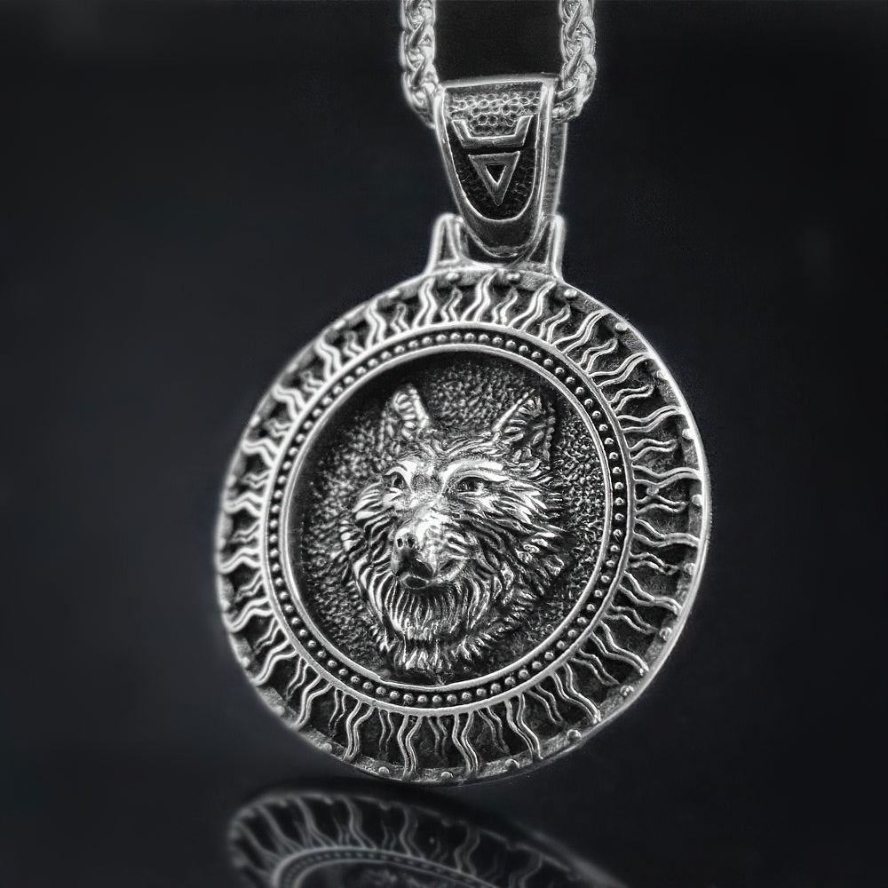 Stainless Steel Men's And Women's Necklace Pendant / Slavic Amulet With Black Sun And Wolf
