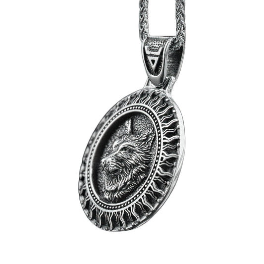 Stainless Steel Men's And Women's Necklace Pendant / Slavic Amulet With Black Sun And Wolf