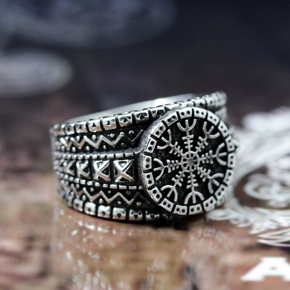 Stainless Steel Men's And Women's Ring With Aegishjalmur Protection Symbol / Norse Ring Helm Of Awe