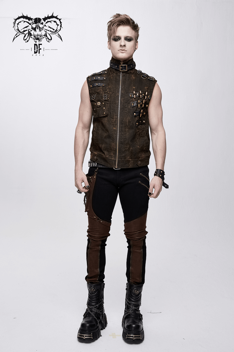 Steampunk Biker Style Zipper Sleeveless Waistcoat / Lace up on Back Waistcoat with Copper Buckles
