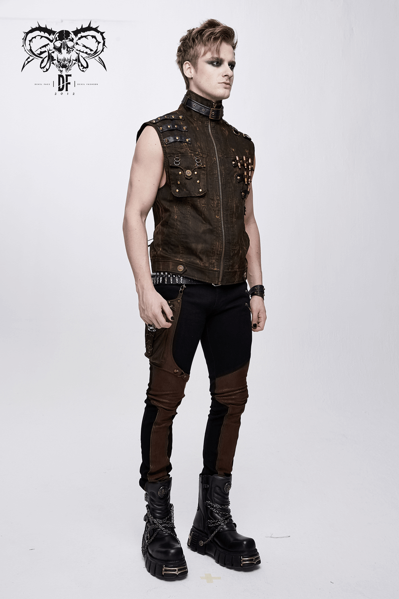 Steampunk Biker Style Zipper Sleeveless Waistcoat / Lace up on Back Waistcoat with Copper Buckles