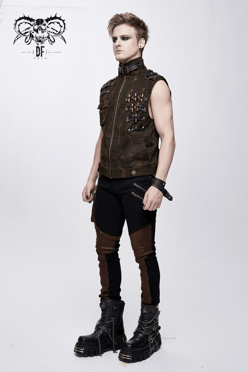 Steampunk Biker Style Zipper Sleeveless Waistcoat / Lace up on Back Waistcoat with Copper Buckles