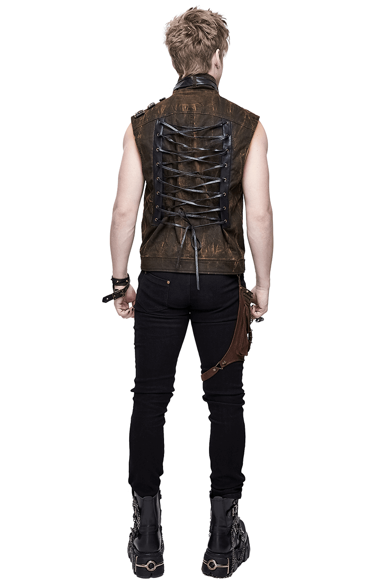 Steampunk Biker Style Zipper Sleeveless Waistcoat / Lace up on Back Waistcoat with Copper Buckles