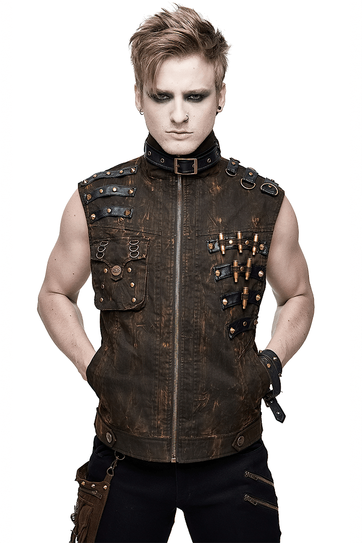 Steampunk Biker Style Zipper Sleeveless Waistcoat / Lace up on Back Waistcoat with Copper Buckles
