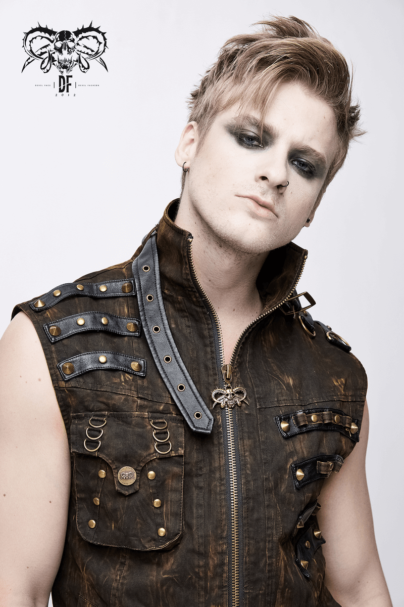 Steampunk Biker Style Zipper Sleeveless Waistcoat / Lace up on Back Waistcoat with Copper Buckles
