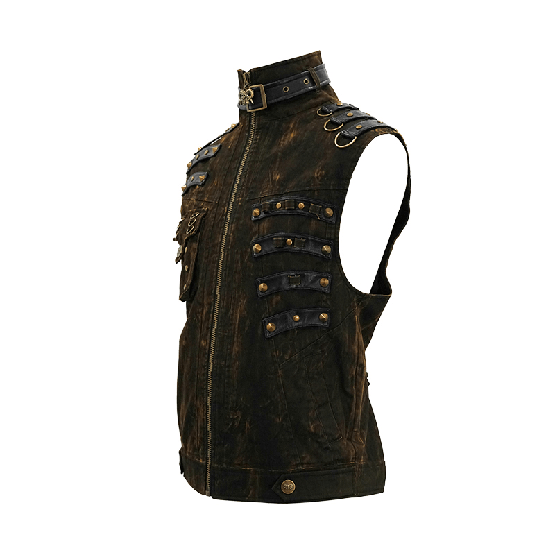 Steampunk Biker Style Zipper Sleeveless Waistcoat / Lace up on Back Waistcoat with Copper Buckles