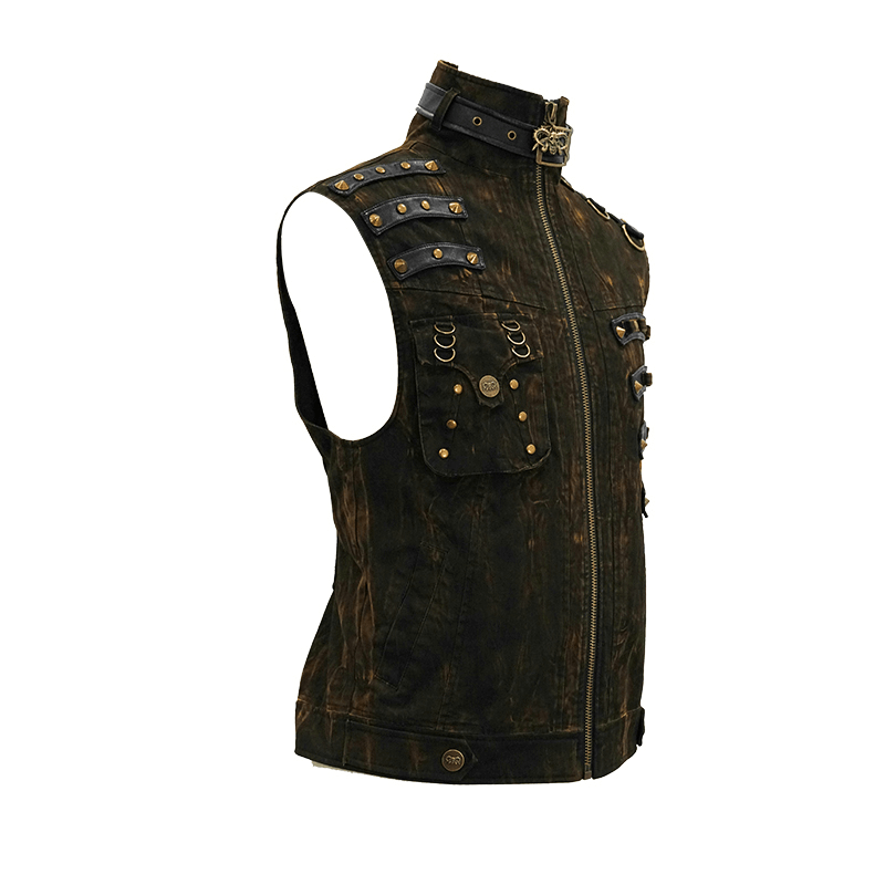 Steampunk Biker Style Zipper Sleeveless Waistcoat / Lace up on Back Waistcoat with Copper Buckles