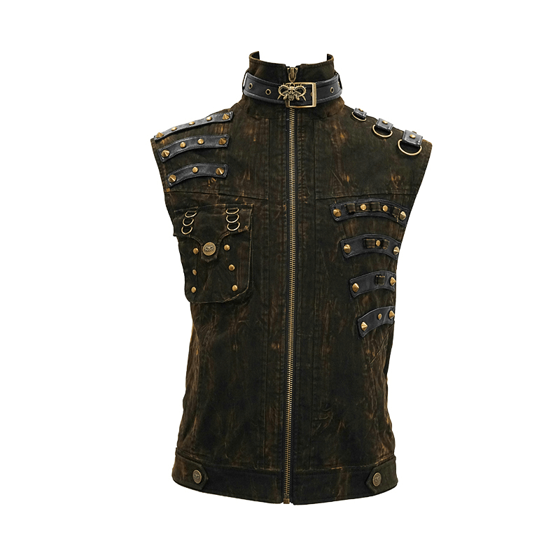 Steampunk Biker Style Zipper Sleeveless Waistcoat / Lace up on Back Waistcoat with Copper Buckles