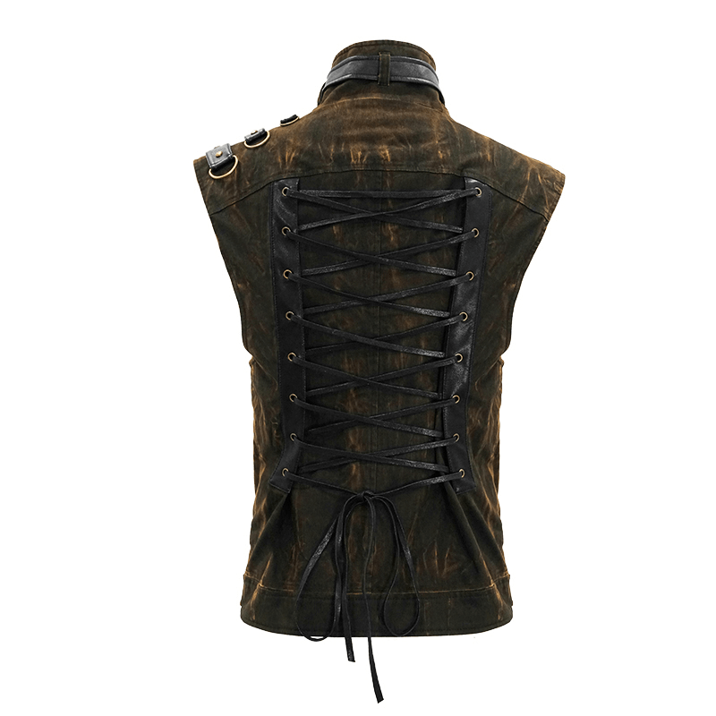 Steampunk Biker Style Zipper Sleeveless Waistcoat / Lace up on Back Waistcoat with Copper Buckles